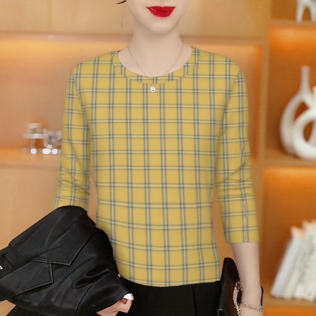 

Yellow Plaid Long Sleeve T-shirt for Women - Fashionable, Casual Style, Age-Reducing, Slimming Top 3XL