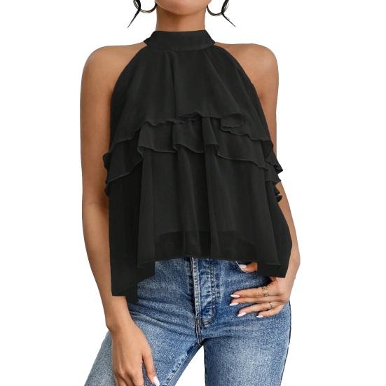 Women Tops Halter Neck Sleeveless Solid Color Pullover Tops Multi Layer Ruffle Hem Commuting Style Short Tops