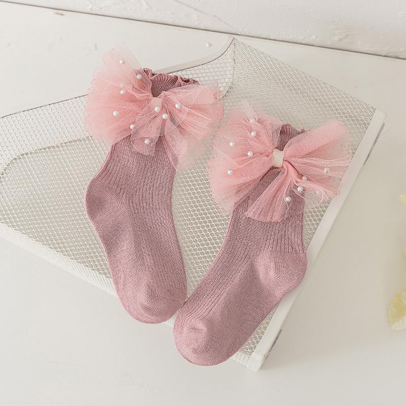 Girls' Ruffled Cotton Socks with Pearls and Bows