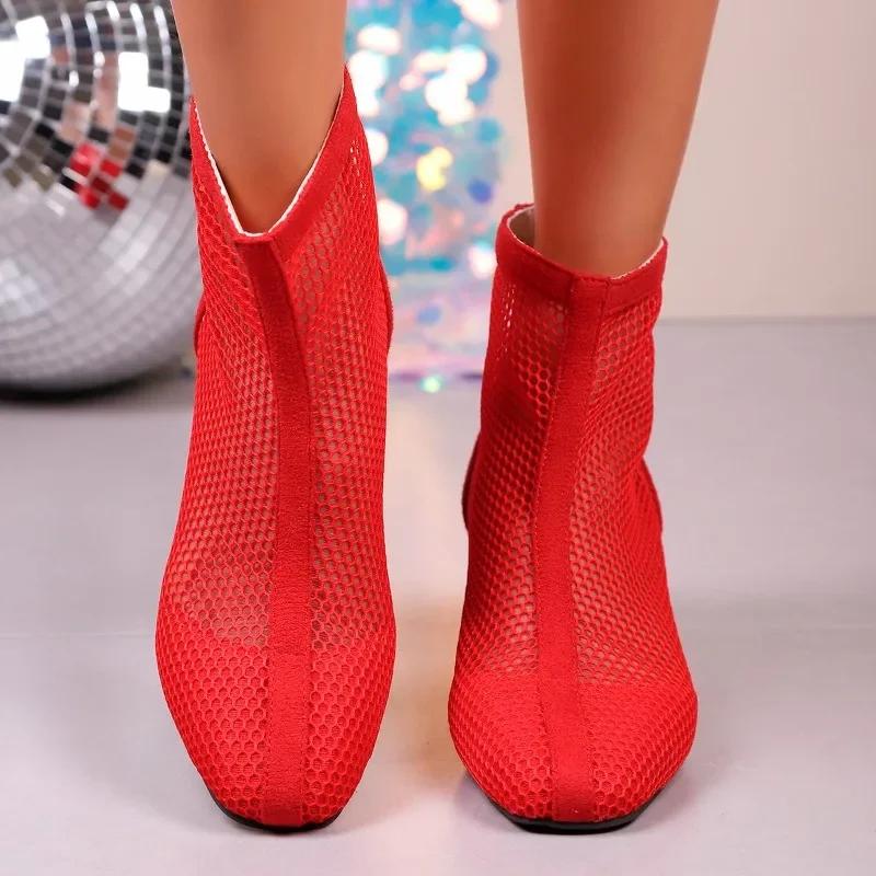 Summer New Mesh Breathable Soft Sole Roman Heel Square Cooling Boots Square Toe Back Zip Shortleg Boots