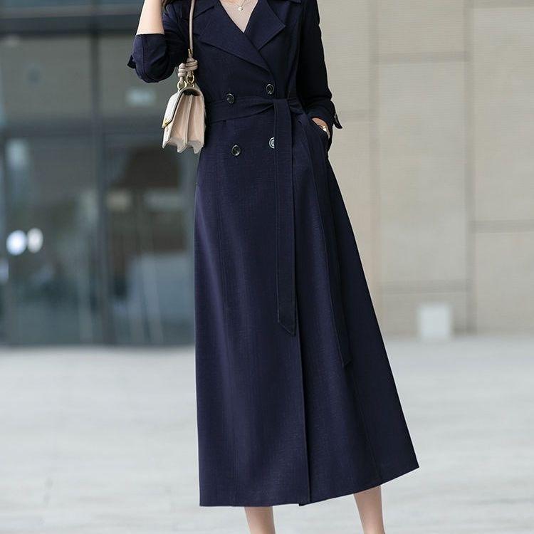 2025 Women's British Style Black Trench Coat - Elegant, Long, Over-the-Knee Spring/Autumn Fashion