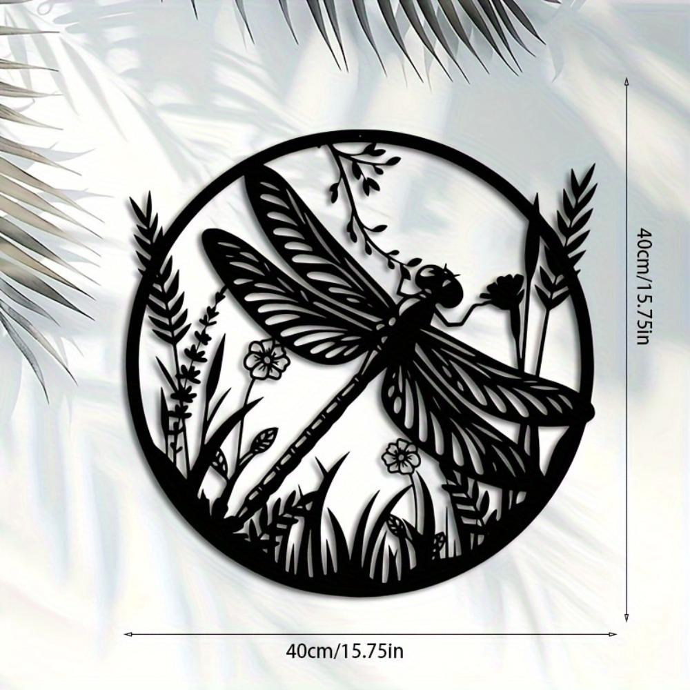 Dragonfly Wildflowers Laser Cut Iron Wall Art, Large Modern Metal Sculpture for Living Room Garden Decor Nature Farmhouse Hanging Ornament