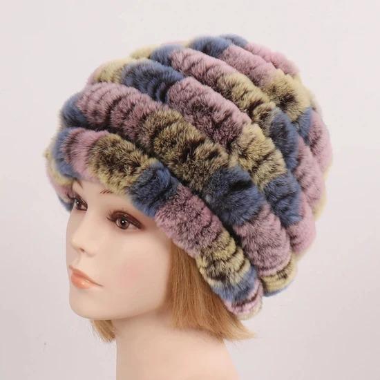 Russia Winter Real Fur Hat Women Knitted Real Rex Rabbit Fur Bomber Hats Lady Natural Warm Genuine Rex Rabbit Fur Cap