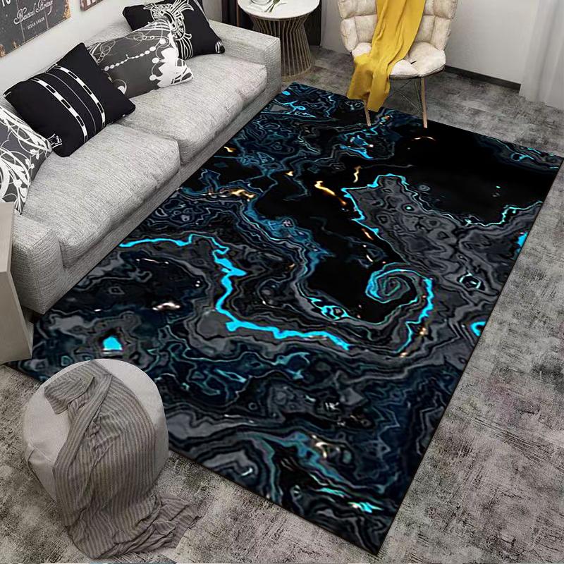 Modern Abstract Marble Pattern Carpet with Black and Blue Swirls Suitable for Use As an Anti-slip for Living Room Bedroom Sofas