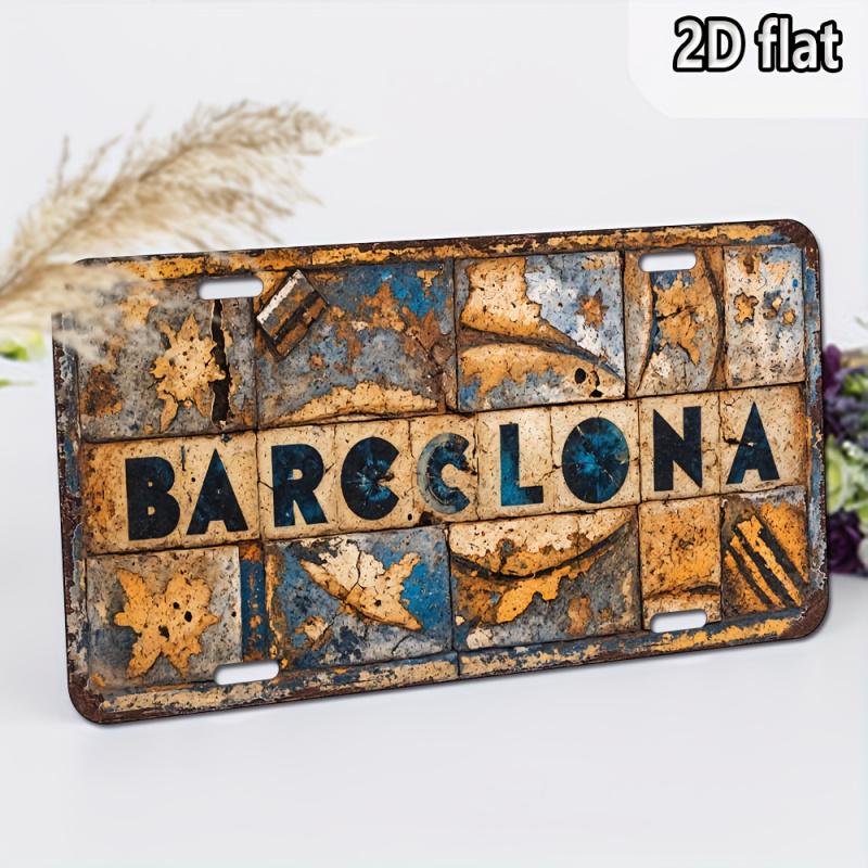 2D Piatto - Segno Artistico da Parete in Metallo Vintage Barcellona - Decorazione in Alluminio Rustico da 6x12 Pollici con Finitura Usurata per Casa, Bar, Ufficio