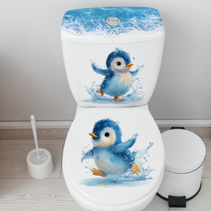 Bathroom Decoration Decal, Toilet Seat Cover Sticker Swimming Little Penguin Toilet Sticker, Self-adhesive Waterproof