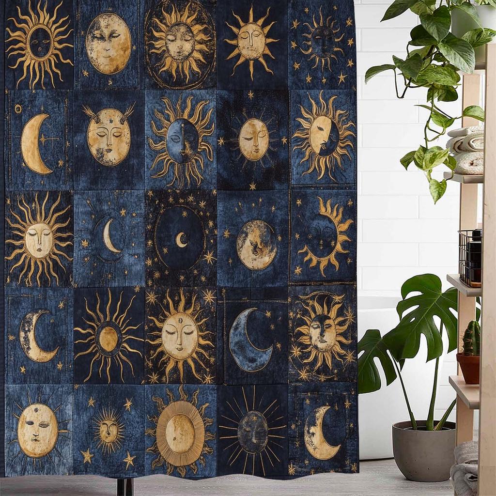 A Waterproof Shower Curtain with a Patchwork Design Featuring The Sun, Moon, And Stars, Including 12 Hooks for Hanging.