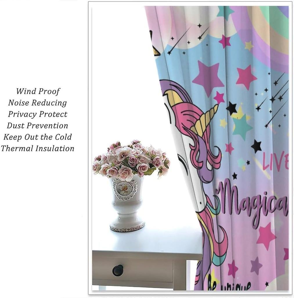 Unicorn Curtains Kids Room Colorful Cute Cartoon Rainbow Clouds Stars Print Window Treatments Drapes Curtain With Rod Pocket Polyester Perfect For