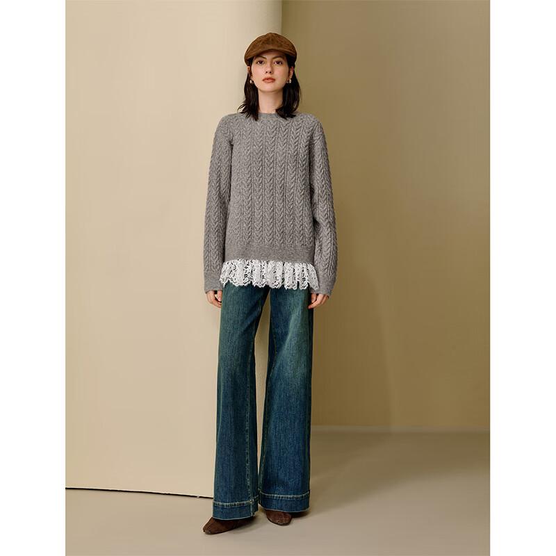 INMAN Women's Retro Lace Splicing Cable Knit Pullover Sweater