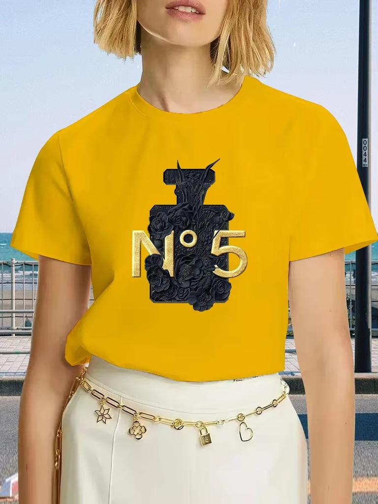 Luksusowa Marka Moda Czarny Perfumy Surrey Nadruk Okrągły Dekolt Odzież Krótki Rękaw Letni Damski Trend Y2K Oversize Top