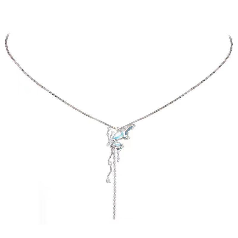 Exquisite Blue Crystal Butterfly Double-Layer Necklace for Women - 2025 High-End Design