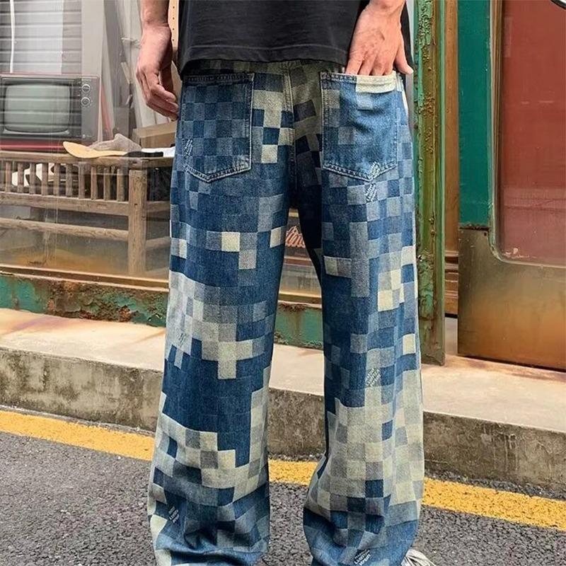 JYL Men's Checkered Jeans Autumn Thin Loose Wide-Leg Trendy Casual Denim Pants