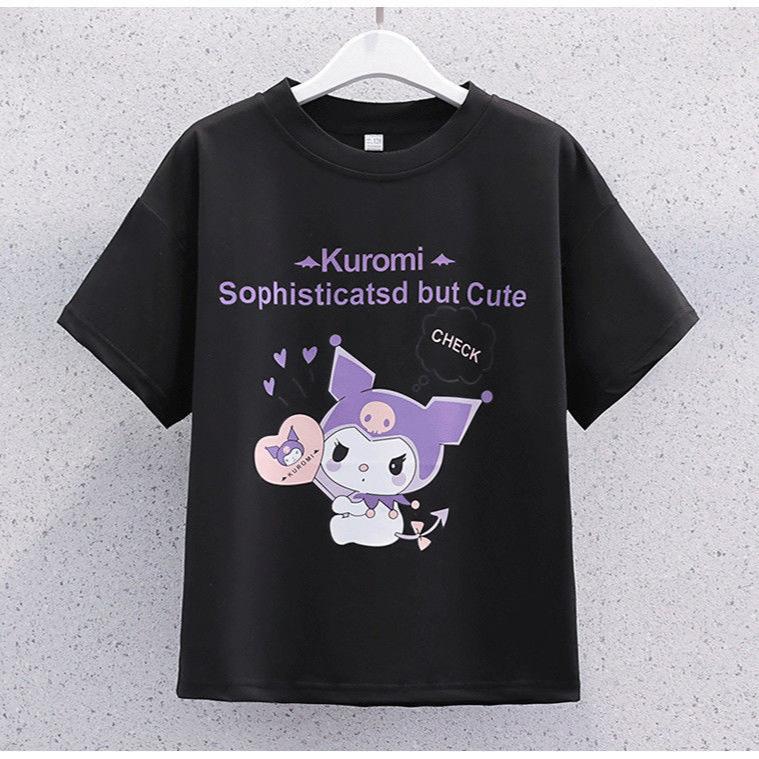 New Childrens Tshirt Cute Kuromi Style Pure Cotton Printed Parentchild Outfit Round Neck Casual Versatile Pure Cotton Top