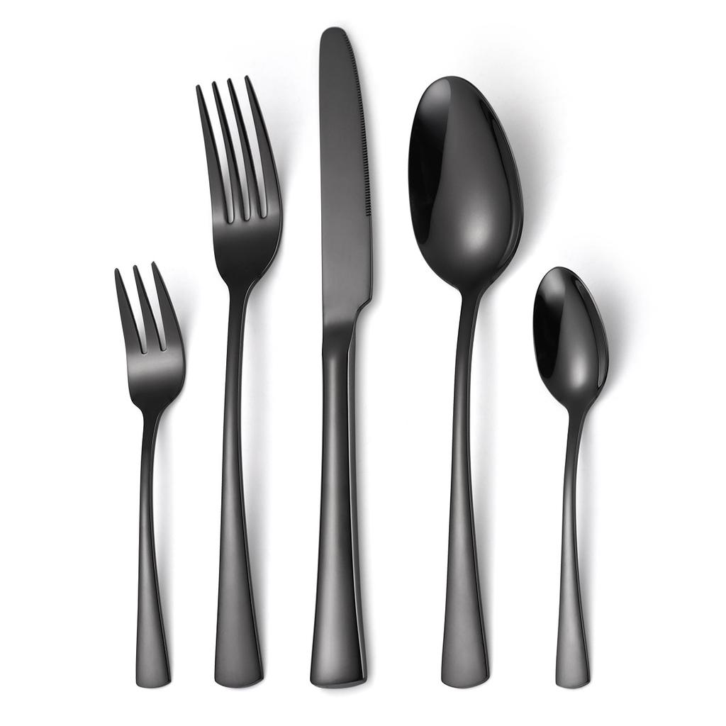 Black Silverware Set Stainless Steel Flatware Western Tableware Mirror Cutlery Knife Fork Spoon Dinnerware Kitchen Utensils