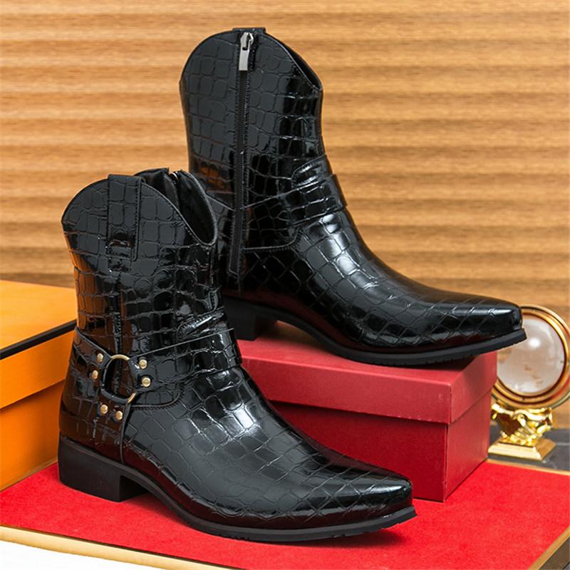 Fashion Men's Alligator Pattern Pointed Business Casual Ankle Boot Fashion Male Winter New Comfortable Chelsea Leather Shoes