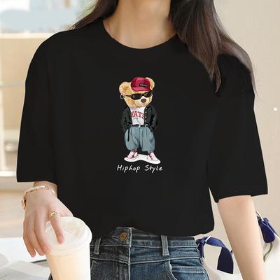 Womens Hip Hop Bear Print T-Shirt Y2K Cartoon Print Clothing Fashion Print T-Shirt Womens T-Shirt