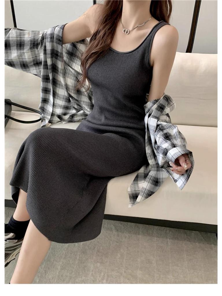French Knit Off-Shoulder Strappy U-Neck Long Dress - Women's Summer Solid Color H-Line Vest Dress