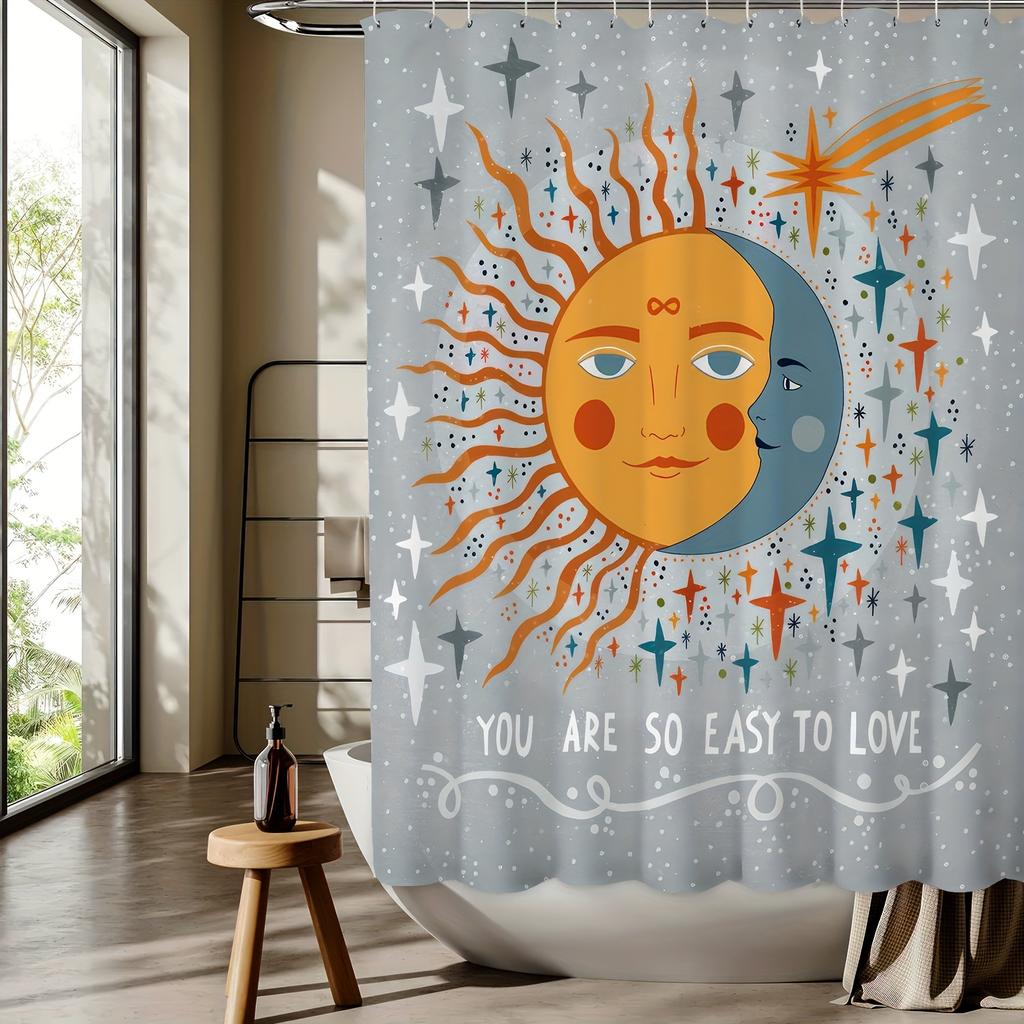 Sun & Moon Fashion Art Digital Print Shower Curtain – Reversible Polyester with Hooks for All-Season Bathroom Decor