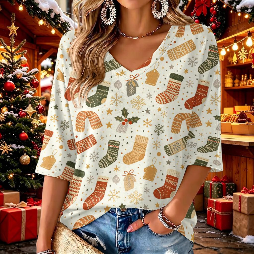 Women's V-Neck Three-Quarter Sleeve Casual Christmas Print Top