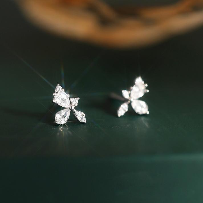 Real  Sterling Silver Full Zircon Mini Flower Stud Earrings for Women Minimalist Fine  Cute Plant Accessories