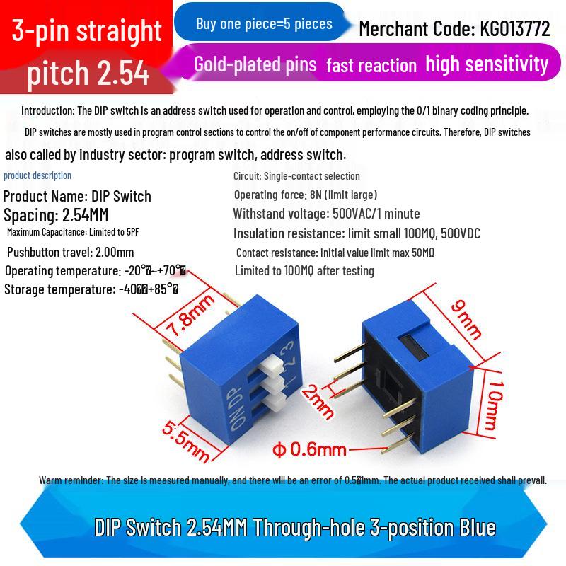 SMD DIP Switch, Flat Toggle, 2P 4-10 Positions, 2.54mm, Red/Blue/Black