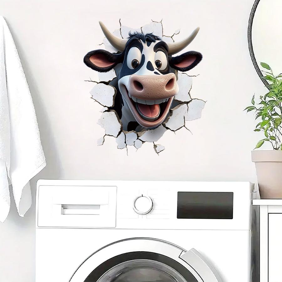 3D Cartoon Funny Cow Realistic Wall Stickers, Self-Adhesive Decor for Room Living Room Background Wall Decoration