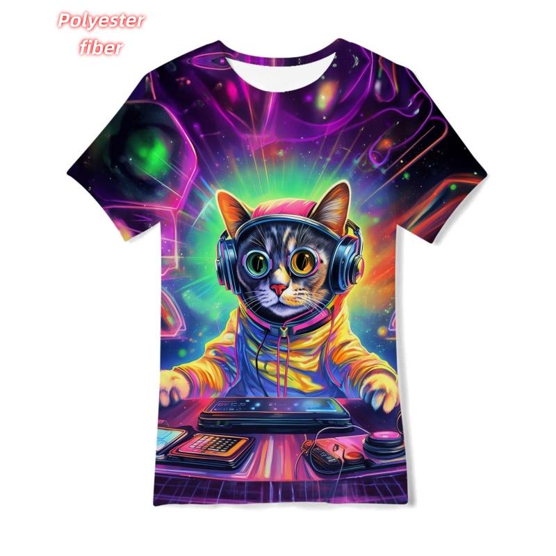 3D Printed Colorful Geometry T-Shirt For Men Music Cat Pattern Tees Summer Street Casual Short Sleeve Tops Loose O-Neck T Shirts