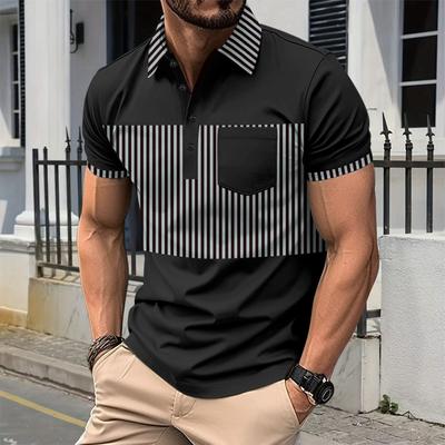 Fashionable Men's Casual Polo Shirt with Pocket Button, Long Placket, Collar, Striped Colour-Blocked Patchwork T-Shirt