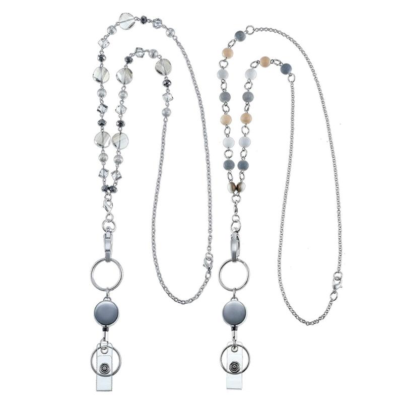 Women Retractable Badge Reel Lanyard with ID Card Holder Necklace Name Badge Holder Lanyard Stainless Steel Beaded Chain