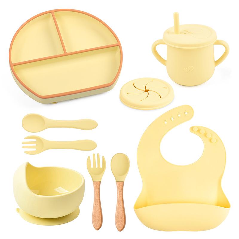 9 Pcs Baby Silicone Bib Divided Dinner Plate Sucker Bowl Spoon Fork Straw Cup Set Training Feeding Food Utensil Dishes