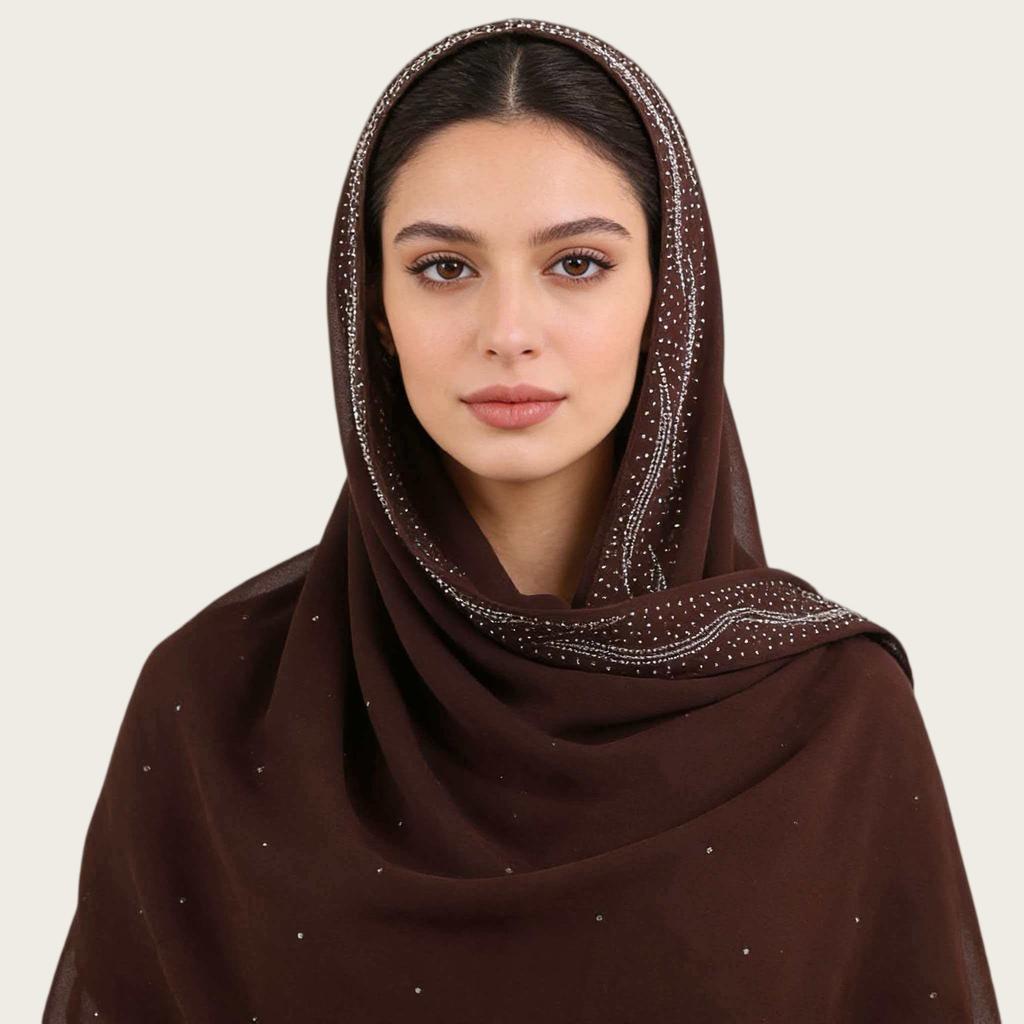 Women Chiffon Long Scarf Rhinestone Decor Solid Color Ethnic Style Pearl Chiffon Shawl Headscarf Versatile Hijab
