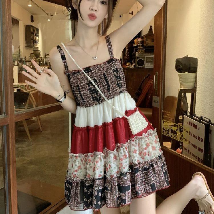 2026 Retro Floral Chiffon Sling Dress for Petite Women