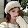 Leopard Print Faux Rabbit Fur Beret Flush Furry Fluffy Plush Beret Octagonal Beanie Cap  Women Girl