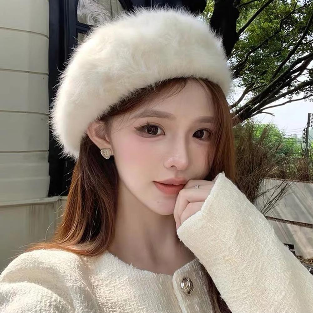 Leopard Print Faux Rabbit Fur Beret Flush Furry Fluffy Plush Beret Octagonal Beanie Cap  Women Girl