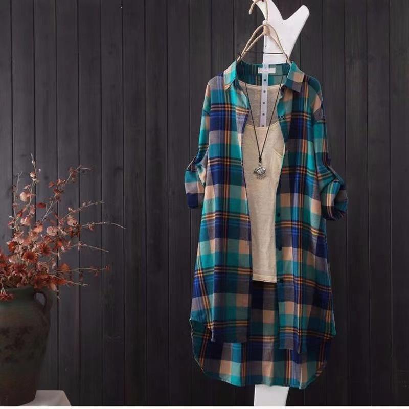 2024 Spring/Autumn Women's Korean Style Plaid Loose Mid-Length Plus Size Long Sleeve Shirt Jacket
