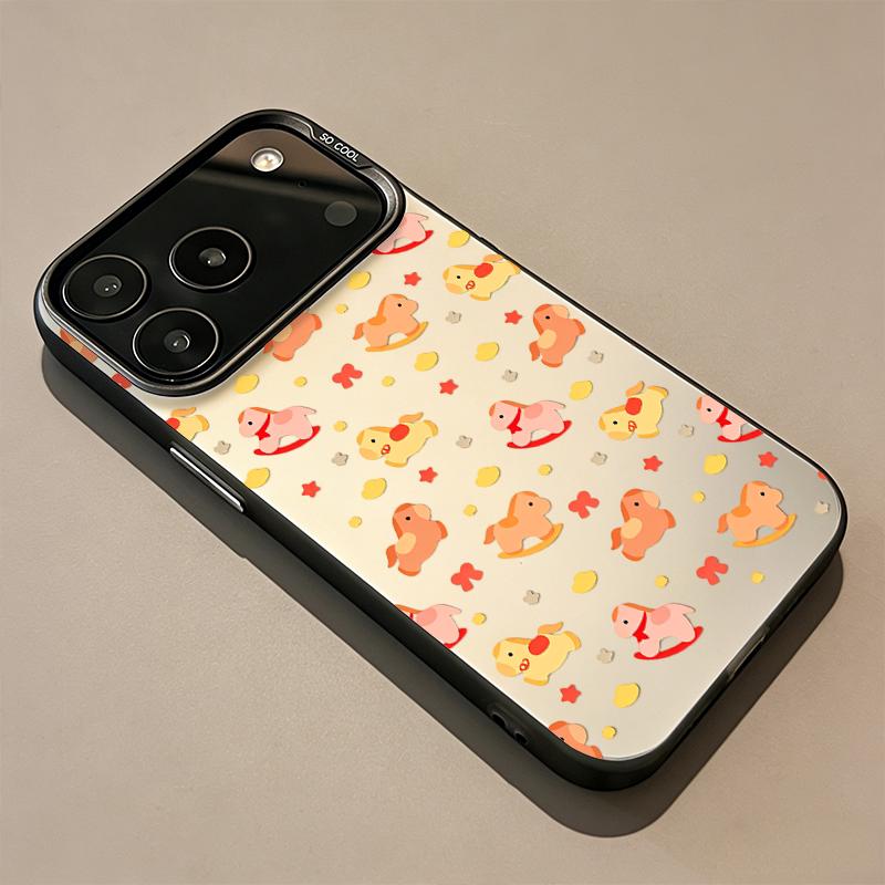 Cute Pastel Cartoon Rocking Horse Matte Phone Case, Kawaii Aesthetic Shockproof Protective Cover for iPhone