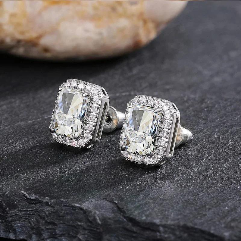 Square Green Zircon Earrings For Women'S Elegant Party Anniversary Gift Eternal High Grade Sparkling White Crystal