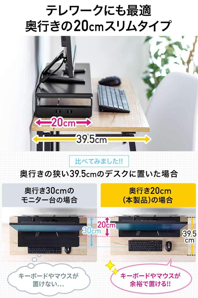 Sanwa Direct Monitor Stand with 3 USB Ports and 2 Power Strips, 60cm Wide x 20cm Deep, Black, Tabletop, Model 100-MR039BK