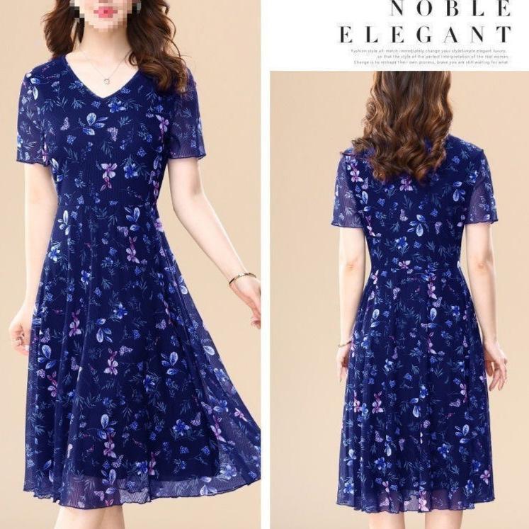 New casual style temperament short-sleeved floral V-neck dress women's summer large size mother dress over the knee A word medium and long dress
