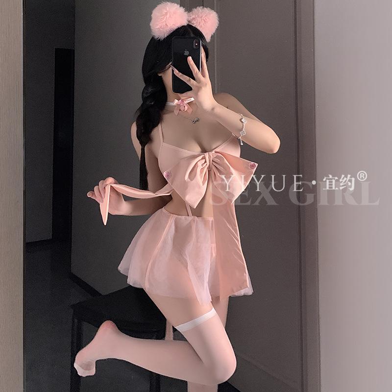 Erotic Lingerie Sexy Bow Cat Role-playing Uniform Seductive no-Take Pajama Women's Set 1274