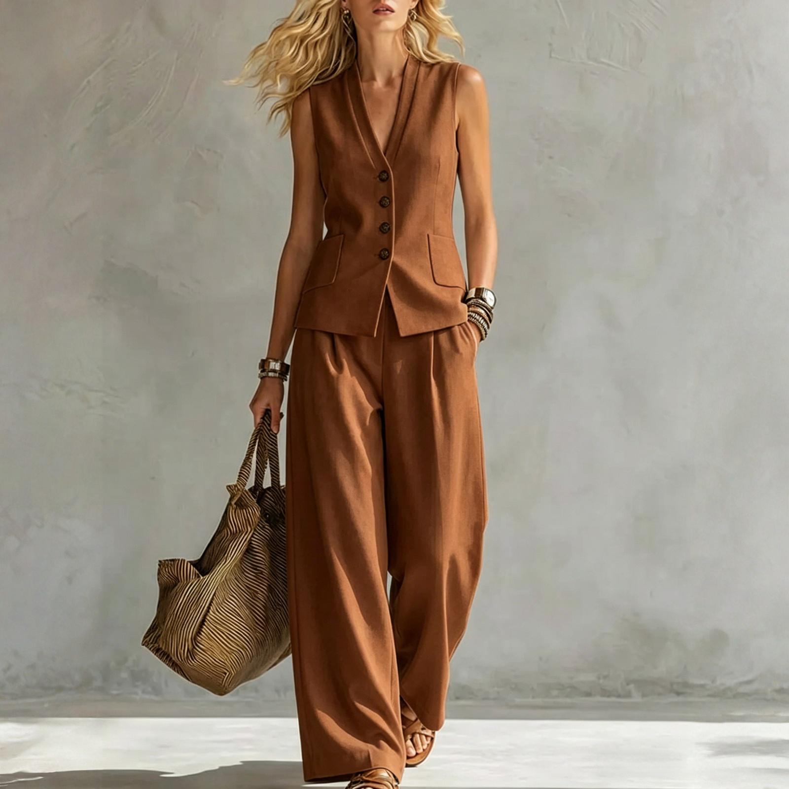 

Women s Sleeveless Linen Vest and Wide Leg Pants Set Casual Summer Outfit Lightweight Breathable Fabric Relaxed Fit Two Piece S коричневый