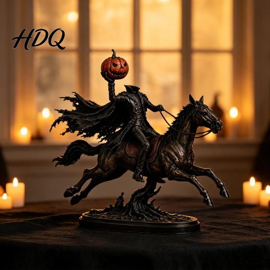 Miniature Warrior Figurine Halloween Knight On Horseback with Luminous Pumpkin Head Resin Figurine, Decorative Dark Gothic Home Decor Lighted