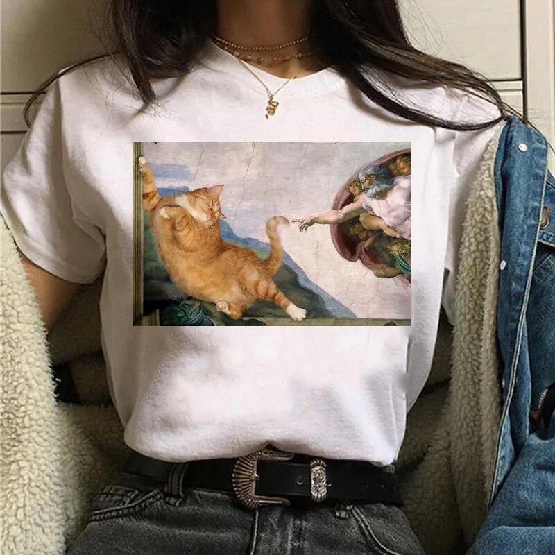Camiseta Gato Van Gogh woUnisex estampado artístico pintura al óleo hermosa linda divertida camiseta dibujos animados años 90 ulzzang top casual camiseta mujer