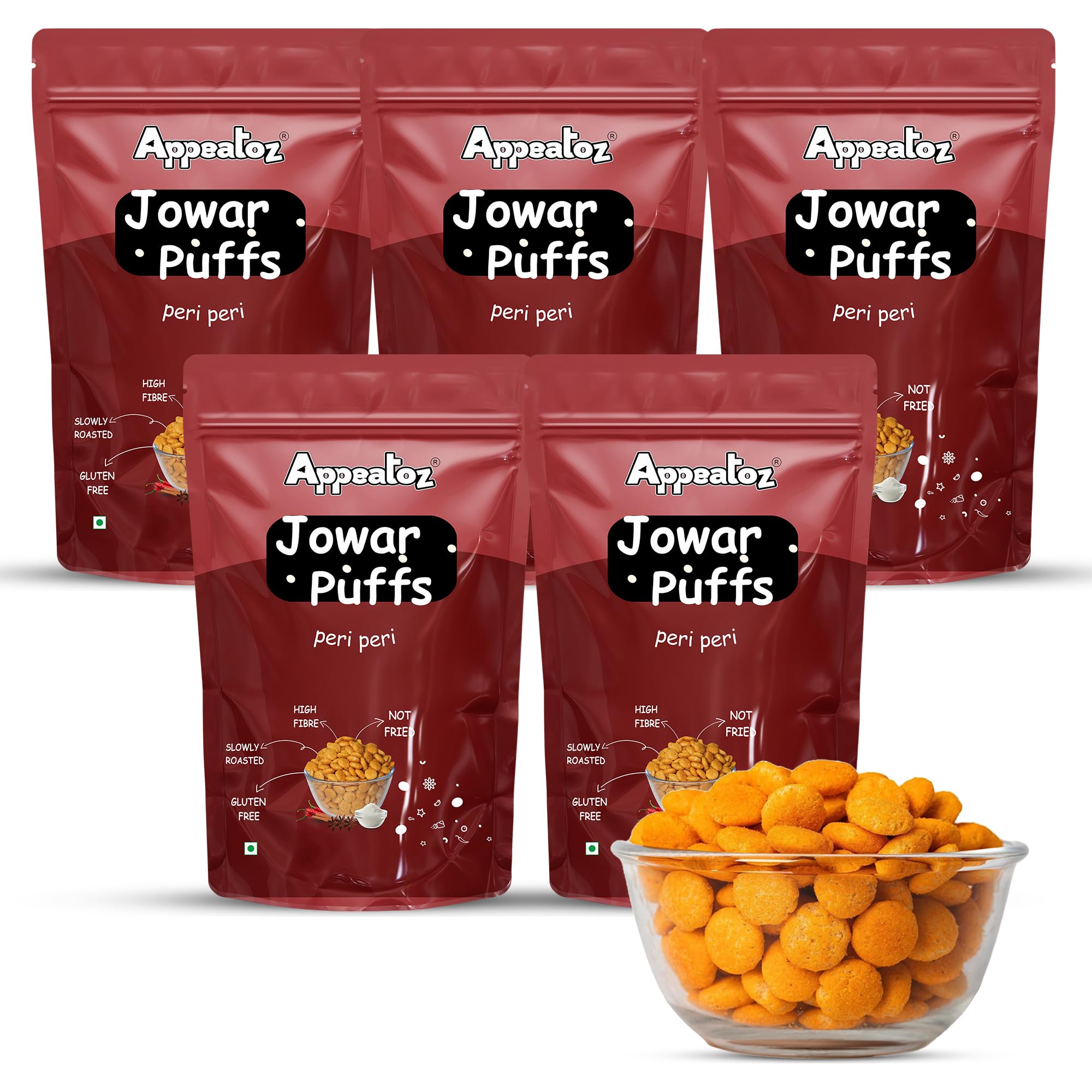 

Appeatoz Jowar Puffs - Peri Peri | Roasted, Not Fried | Gluten-Free & High Protein | No Added Sugar | Healthy Baked Millet Snack for Kids & Adult