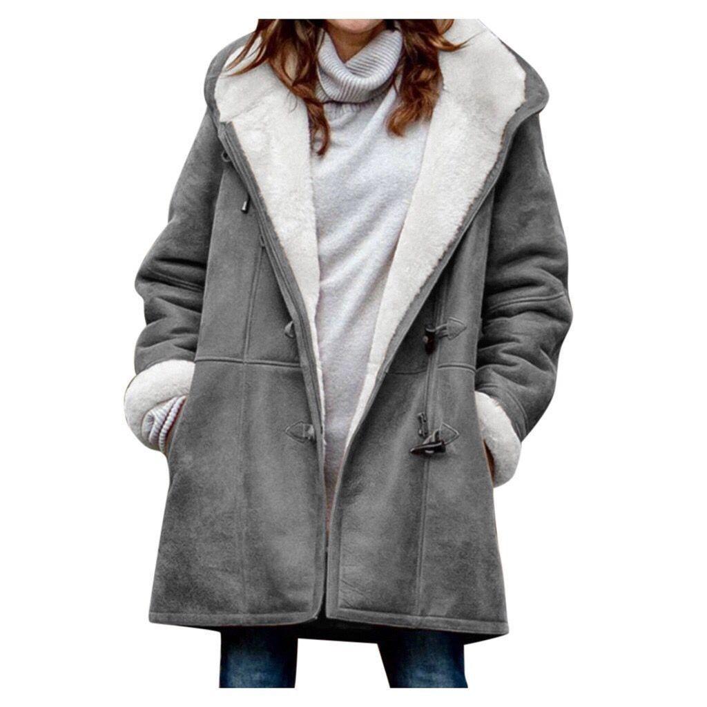 Winter Minimalistischer Einfarbiger Lässiger Knopf Cardigan Warmer Mittellanger Damenmantel mit Kapuze