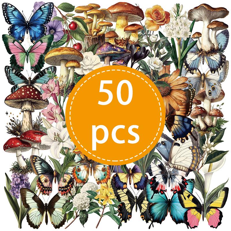 50pcs Retro Forest Mushroom Butterfly Graffiti Sticker Stationery Helmet Guitar Diary Water Bottle Decals
