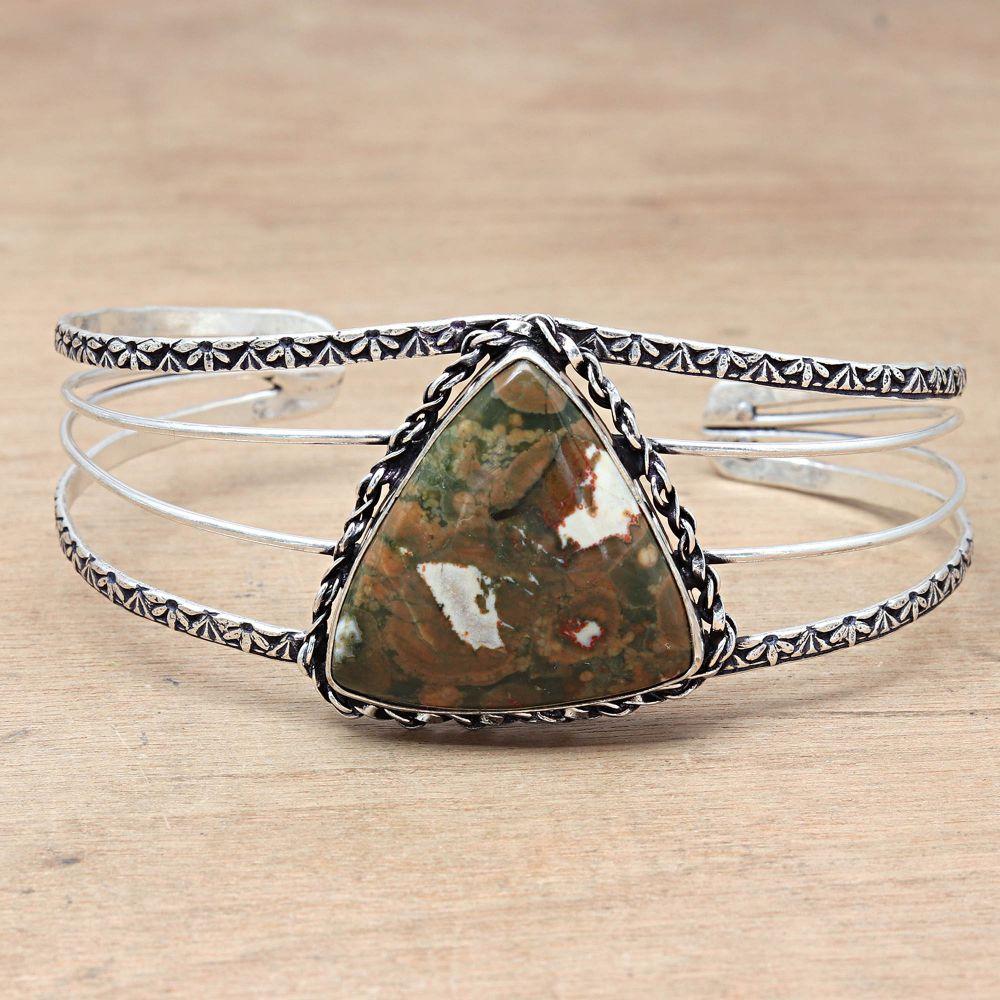 Rainforest Jasper Gemstone Ethnic Silver Jewelry Cuff Bracelets7''Adjustable