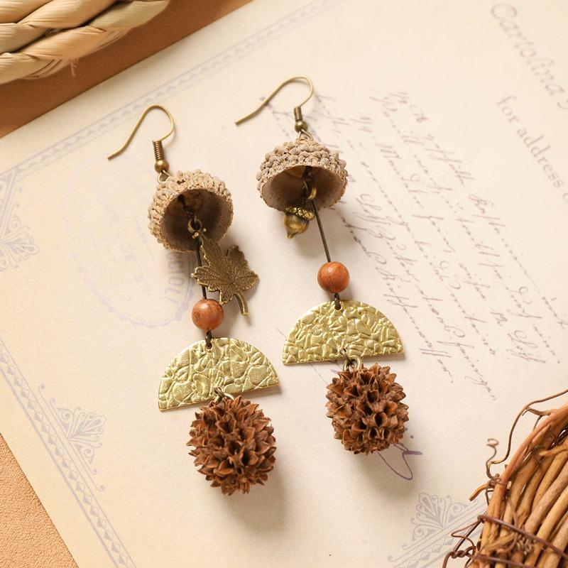 Retro natural plant earrings handmade creative niche acorn fruit long fringed design women's earrings