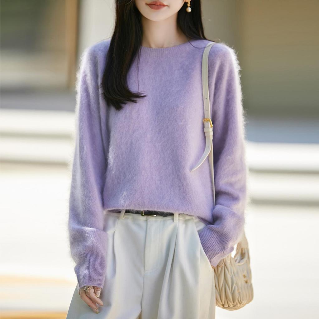 Women's Pure Wool Round Neck Sweater - Cozy Loose Knitwear for Autumn/Winter
