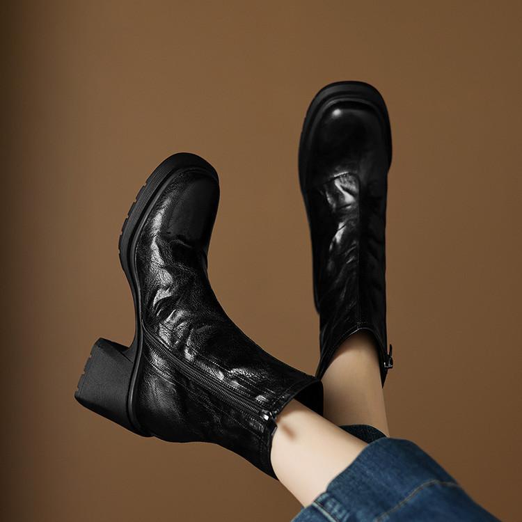 Giant Soft Inside and Outside Full Leather Square Heel Round Head Side Zipper Chelsea Boots Top Leather Retro Platform Short Boots Martin Boots